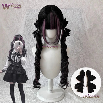 Comic ‌Black Wig with Pink Cosplay Wigs with Bangs Lolita Long Curly Hair Wig Woman Party Cosplay Wig Natural Heat Resistant