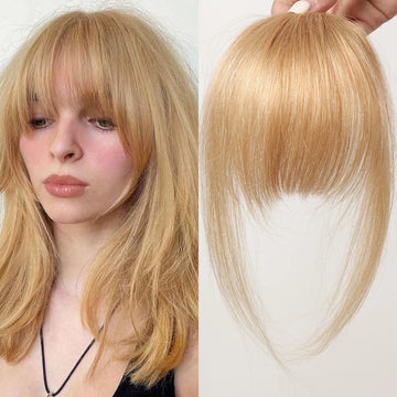 Human Hair Bangs Hairpiece Clips for Women Golden Blonde 100% Remy Human Hair Wispy Bangs Hair Extension 4.5inch Air Fringe Bang