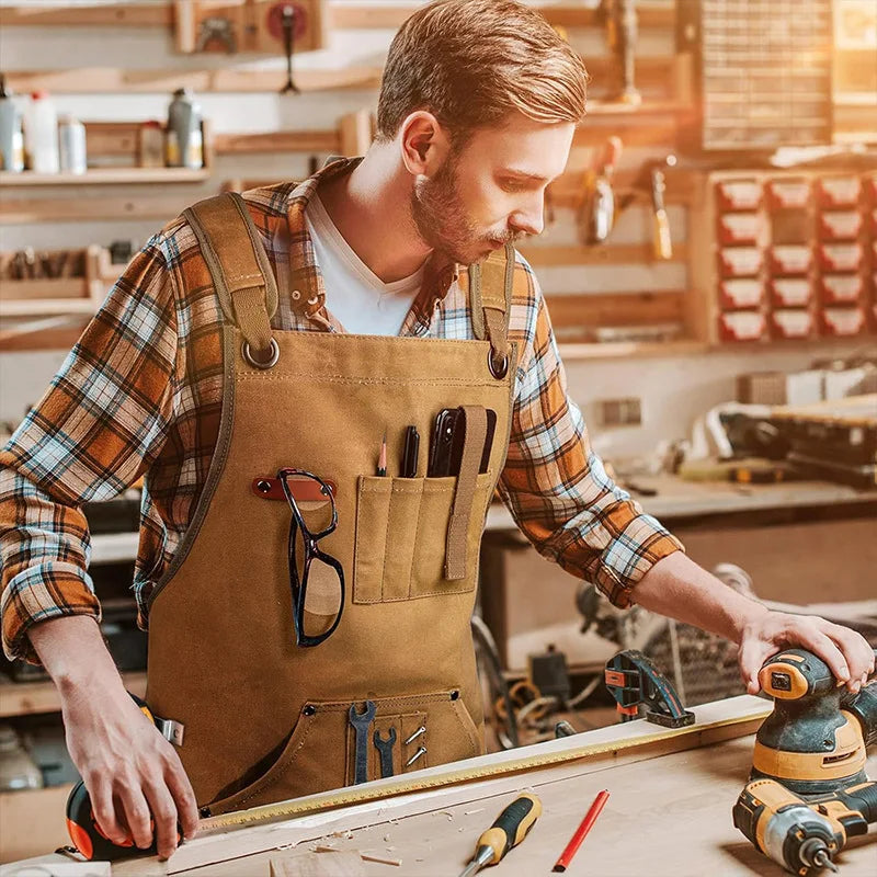 Woodworking Aprons with Adjustable Cross Back Straps Heavy Duty Waxed Canvas Apron Premium Work Apparel for Workshop Mechanics