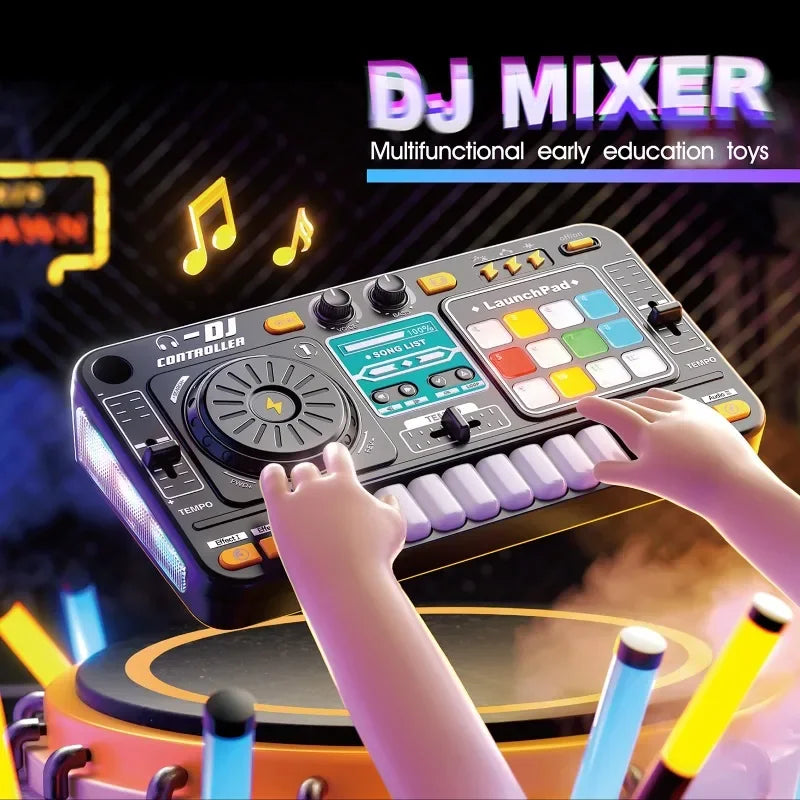 Kids DJ Mixer with Microphone Electronic Piano Keyboard BT 5.0 DJs Turntable Controller Musical Instrument Kid Christmas Gifts