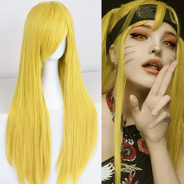 Synthetic Long straight yellow role-playing wig with bangs, suitable for women, Halloween, parties, daily outfit wig