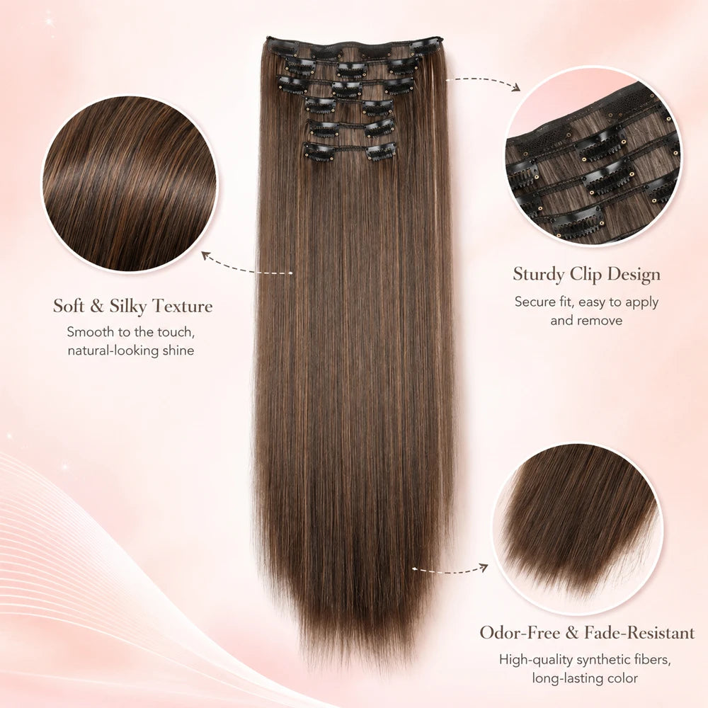 Black Hair Extensions 24"/60cm 6pcs/set Women Long Straight Synthetic Full Head Clip 16 Clips Ombre Heat Resistant Fiber Hair