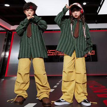 Kid Kpop Hip Hop Clothing Green Striped Shirt Top Khaki Casual Ruched Wide Cargo Pants for Girl Boy Jazz Dance Costumes Clothes