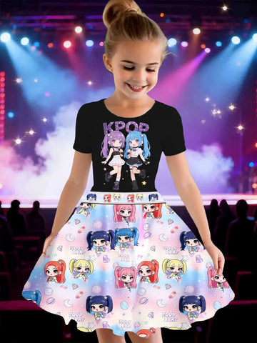 Kpop Cartoon Graphic Dress for Girls Funny Gift for Fan Harajuku Girl Kid's Dress Summer Short Sleeve Dress Children's Clothing