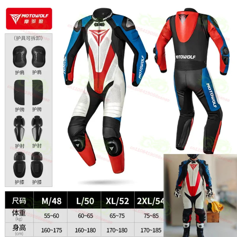 MOTOWOLF JM10 One-Piece Leather Motorcycle Racing Suit – All-Season Anti-Fall