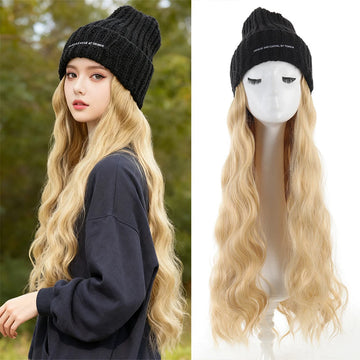 Hat Wig Hair Extensions Knit Beanie with Attached Long Wavy Hair Synthetic Extensions Hairpiece for Women Winter Use
