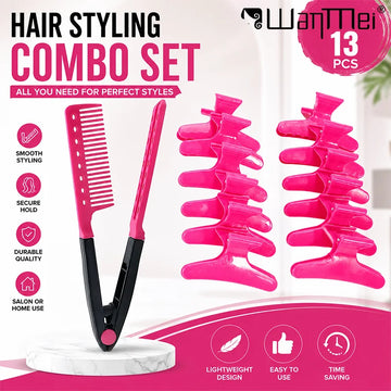 13PCS Hair Styling Kit V-shape Hair Straightening Comb with Sectioning Clips Professional Hairdressing Tools Accessories Salon