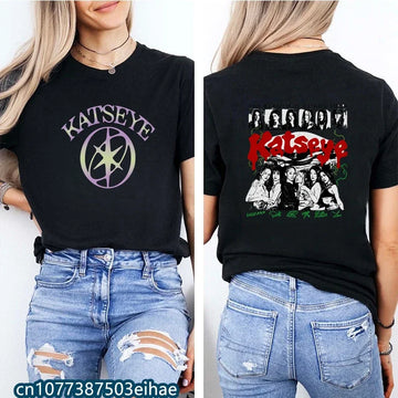 Korean Fashion K-pop Retro KATSEYE Printed Tee Durable 100% Cotton Loose Street Clothes Daily Wear Top for Teen Girls & Ladies