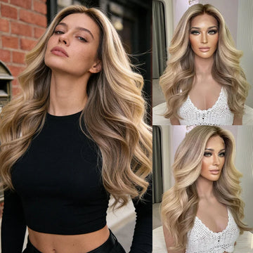 2026 New in Fashion Lace Front Wig Brown Blonde Highlights Synthetic Blend 5% Human Hair Wigs for Women Lady Natural Hairline