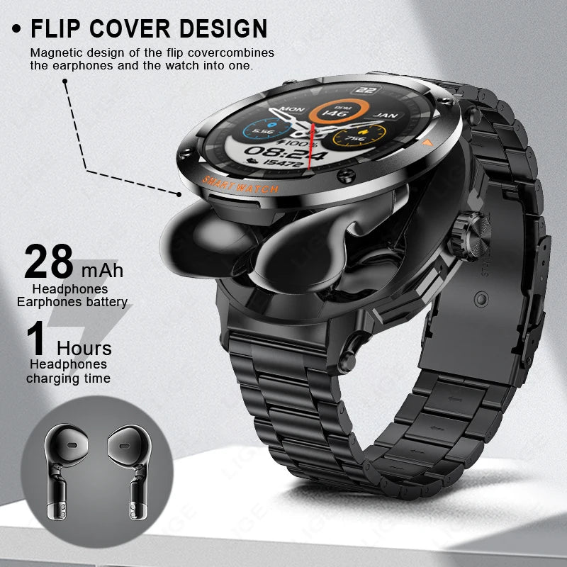 2025 Smart Watch with TWS 2 In 1 Headset Wireless Bluetooth Call Heart Rate Health Music Headphone Watches Sports NFC Smartwatch