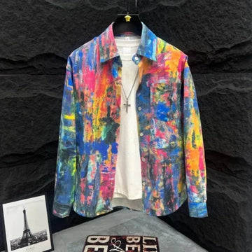 Chic Spring Autumn Unisex Graffiti Painted Tie Dyed Shirt Coat Rainbow Paint Splash Blouse Jacket Cardigan Single Breasted Tops