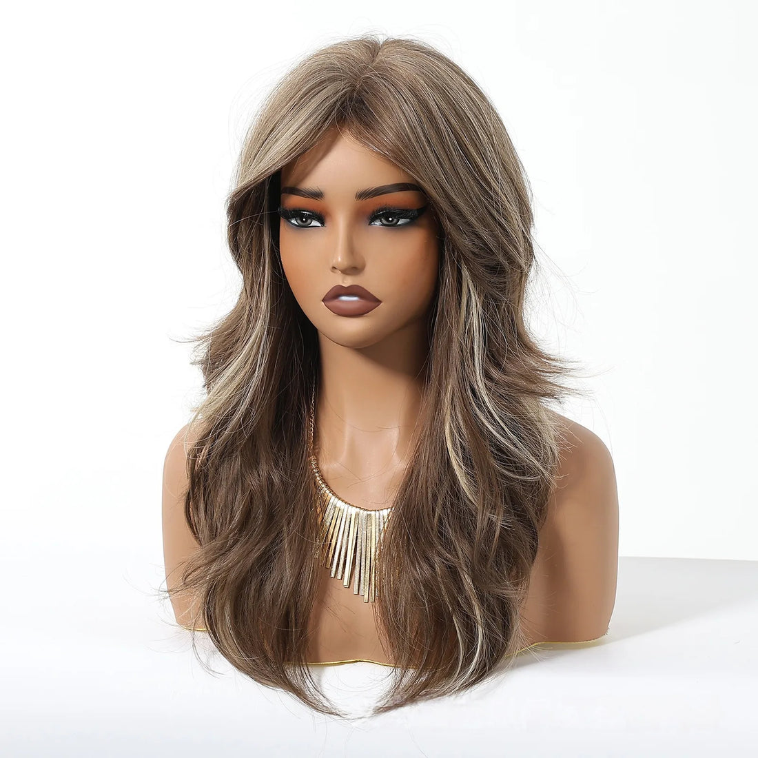 Women's Medium Long Human Hair Wig with Natural Brown Ombre Highlight Wavy Middle Part Front synthetic wig