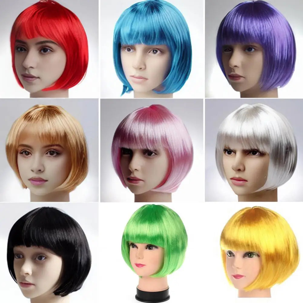 32cm Women Colorful Short Straight Wig With Bangs Natural Heat Resistant Costume Party Girls Cosplay Bobo Synthetic Hair Wigs