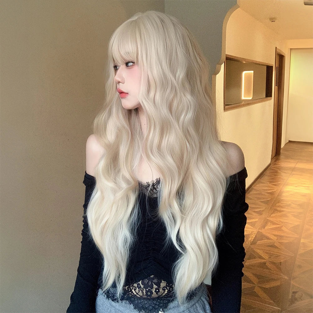 Blonde Wavy Natural Wig with Bangs Golden Long Curly for Women Daily party Use Cosplay Wig Heat Resistant Synthetic Wigs