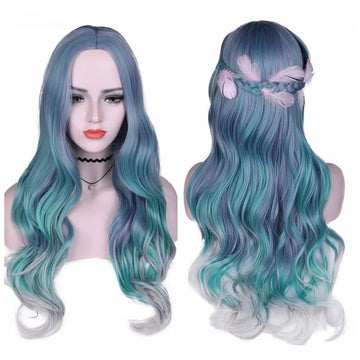 Wignee Long Wavy Synthetic Wigs Heat Resistant Middle Part Mix Blue Cosplay Hair For Women African American Natural Party Wigs