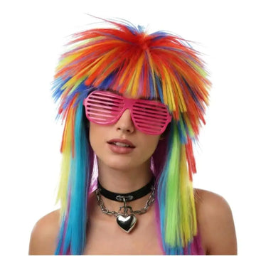 Women 60s 70s Rock Style Rainbow Ombre Explosion Head Wig Halloween Carnival Pink Purple Wave Curly Synthetic Hair with Bangs