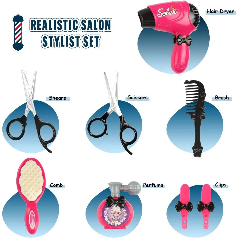 Girls Beauty Salon Set, Pretend Play Stylist Hair Cutting Kit Hairdresser Toys with Hair Dryer Scissors Barber Apron and Styling