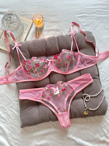 womens lingrie Night Beautiful Sexy Women 2 Piece floral Embroidery Underwear Erotic lingerie underwear Set conjuntos de mujer