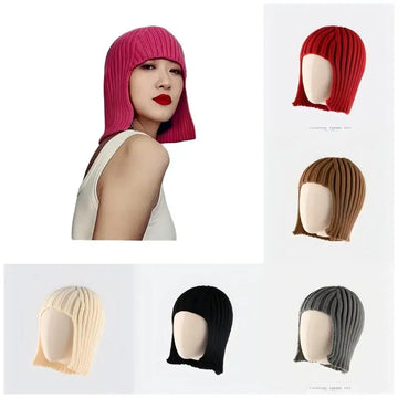 Hot Girl Wig Knitted Hat for Women, Autumn and Winter Warm Ear Protection Headwrap Hat, Fashionable Shopping Style Woolen Hat