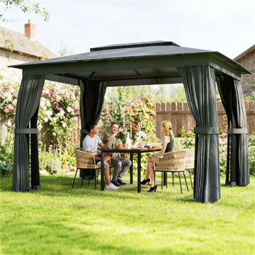 Dark Gray Soft Top Outdoor Terrace Pavilion with Sunshade and Curtains Pergola Gazebo & Pavilion Product Category