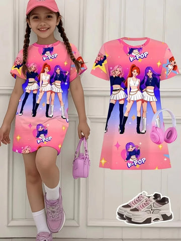 Dress for Girls Kpop Cartoon Graphic Funny Gift for Fan Harajuku Girl Clothes Summer Tops Short Sleeve Dress Children's Clothing