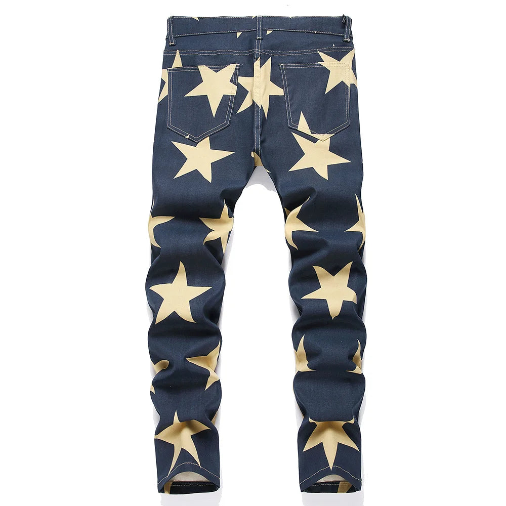Men Stars Print Jeans Y2K Fancy Color Stretch Cotton Denim Pants Fashion Slim Straight Trousers