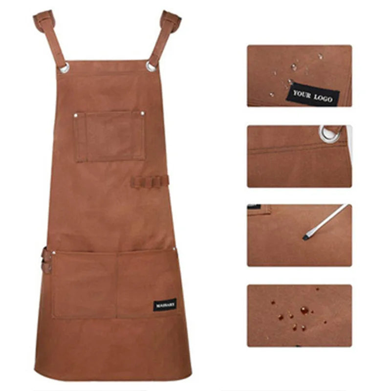 Custom Logo Canvas Apron for Bakery Cafe Barber Shop Gardening - Heavy Duty Adjustable Bib Workwear with Multiple Pockets