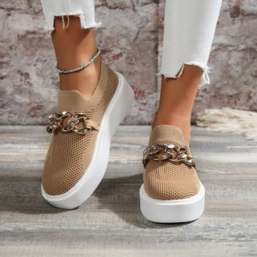 Metal Chain Women's Sneakers Knit Ladies Flats shoe Breathable Platform loafers High Quality Slip-on Mesh Casual shoes for women