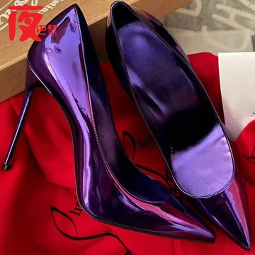 2026 new 12cm laser deep purple shallow mouth sexy high heels with slim heels and electric red exposed toe wedding shoes