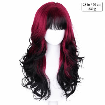 28 Inch Long Wavy Synthetic Wig for Women, Wine Red to Black Gradient, Soft Bangs, Realistic Scalp, Party & Daily Wear