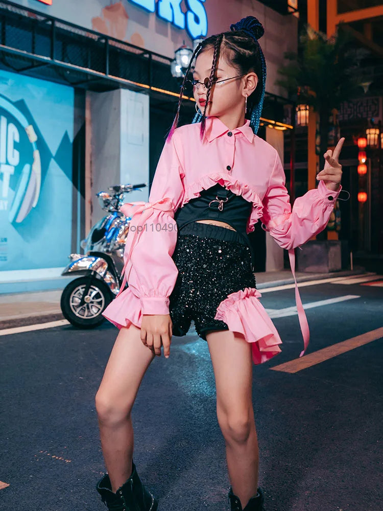 K-POP Outfit Urban Dance Girl Clothes Hip-hop Pant Pink Glitter Sparkly Clothing Jazz Costumes Runway Performance Wear