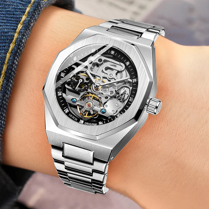 2024SKROX Luxury Gold Diamond Octagonal Automatic Clock Man Watch Elegant Stainless Steel Skeleton Mechanical Male Wrist Watches