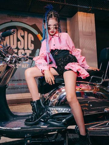 K-POP Outfit Urban Dance Girl Clothes Hip-hop Pant Pink Glitter Sparkly Clothing Jazz Costumes Runway Performance Wear