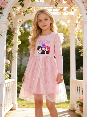 Girls' Cartoon K-POP Girl Group Print Dress, Star Beaded Tulle Princess Dress