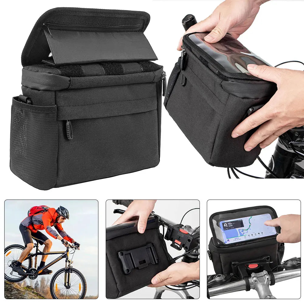 Bike Handlebar Bag Quick Release Bicycle Front Bag with Foldable TPU Phone Holder for Mountain Bikes Road Bikes E-Bikes Scooters