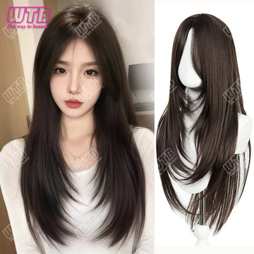 Brown Black Wig Female Simulation Hair High Level Long Hair Natural bangs Fiber Synthetic Wigs for women