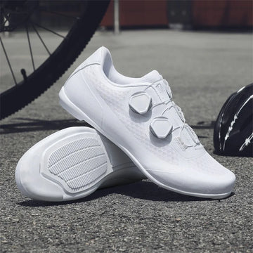 TopFight All White Unisex Summer Breathable Mesh Cycling Shoes Size 37-47 Locked Bike Sneakers Speed Flat Sports Racing Shoes