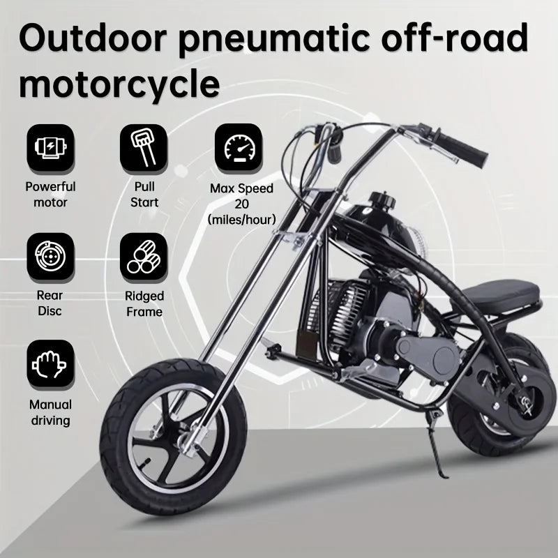 SAY YEAH 49cc Gas Mini Chopper Comes Standard With Rear Disc Brakes And Large 14 Inch Front And 11 Inch Rear Pneumatic Street Tires.