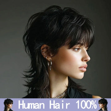 Women'S Natural Black Short Straight Wig Layered With Bangs Pixie Cut Wig Human Hair Wig Human Hair Full Machine Made Wig