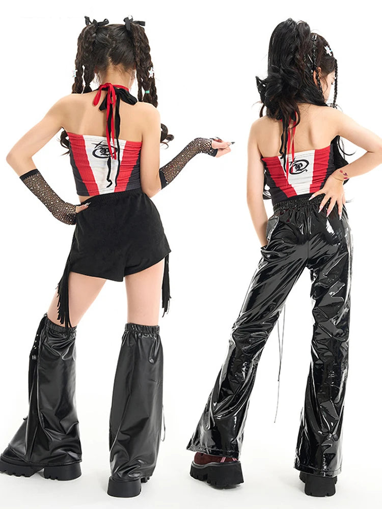 Kpop Girls Clothing Jazz Dance Performance Outfit Red Crop Tops Black Pants Summer Hip Hop Dance Clothes Concert Wear BL19445