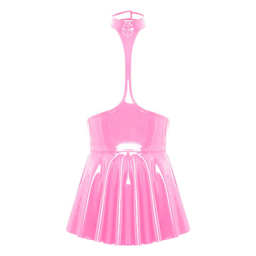 Womens Lingerie Breast Exposing Skirt Latex Mini Dress Wet Look Patent Leather Backless Open Chest Halter Ruffled Dress Clubwear