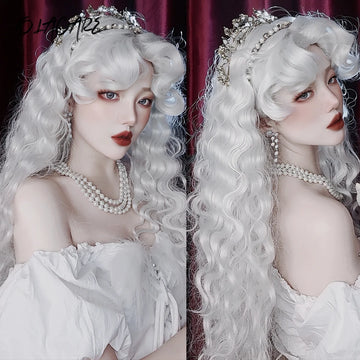 Long Curly Wave Wig with Bangs White Colorful Cosplay Silky Wig for Women Daily Party Natural Soft Synthetic Hair Heat Resistant
