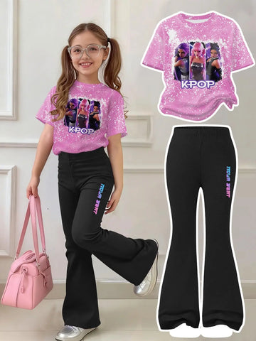 K-POP Fans Girls 2 Piece Set Pink Bleach Print Crop Top & Black Flare Pants Concert Outfit