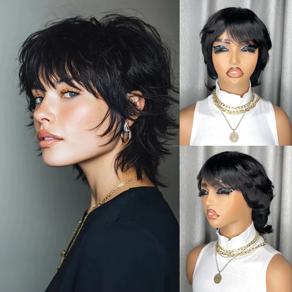 Women'S Natural Black Short Straight Wig Layered With Bangs Pixie Cut Wig Human Hair Wig Human Hair Full Machine Made Wig