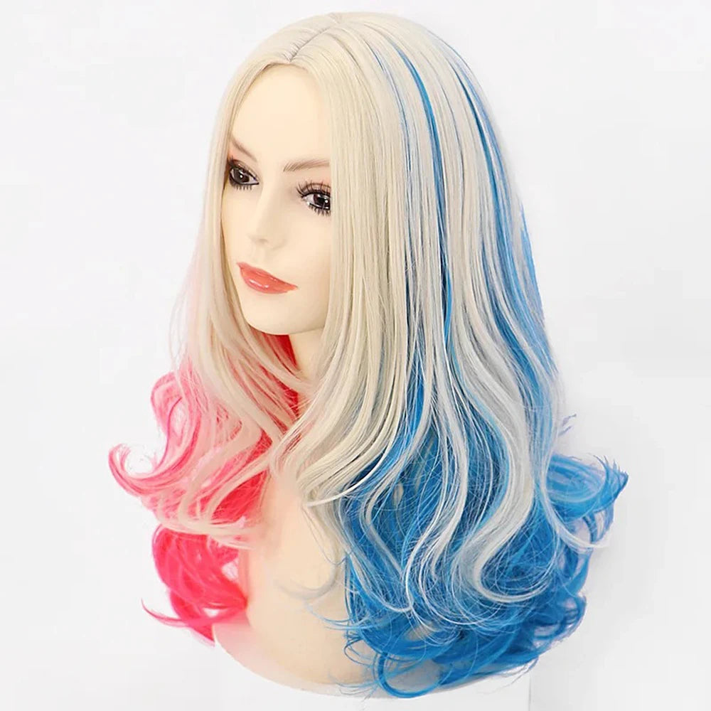 Women's Long Curls Middle Part Wig for Suicide Squad Harley Quinn Cosplay Big Waves Halloween Performance Party