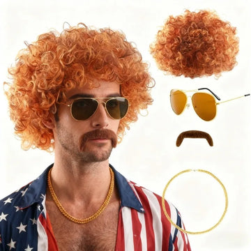 Men's Short Curly Black Wig, 80s Disco Punk Hippie Afro for Halloween Cosplay, Rock Music Fan Synthetic Heat Resistant Full Wig