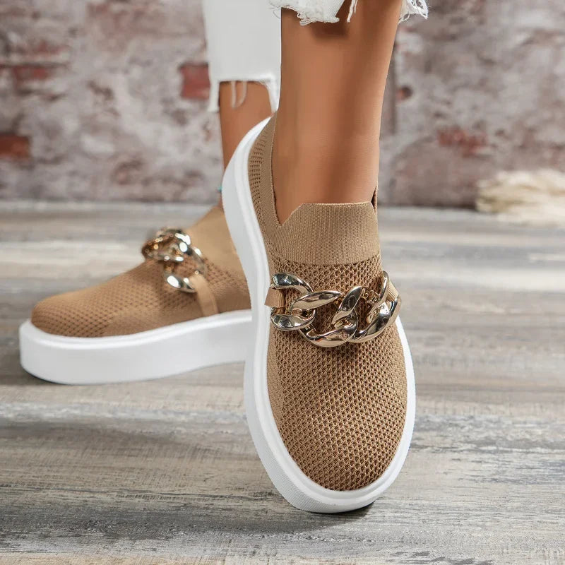 Metal Chain Women's Sneakers Knit Ladies Flats shoe Breathable Platform loafers High Quality Slip-on Mesh Casual shoes for women