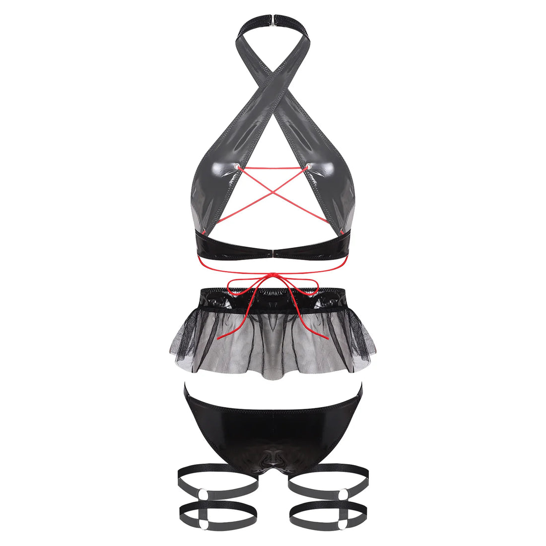 Womens Wet Look Sexy Lingerie Set Halter Backless Wireless Bra Top Mini Briefs with Ruffled Tulle Trim Miniskirt And Thigh Bands