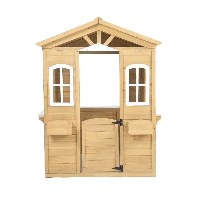 Modern Classic Solid Wood Playhouse for Kids Outdoor Furniture with Working Door Windows Mailbox Flowers Pot Holder