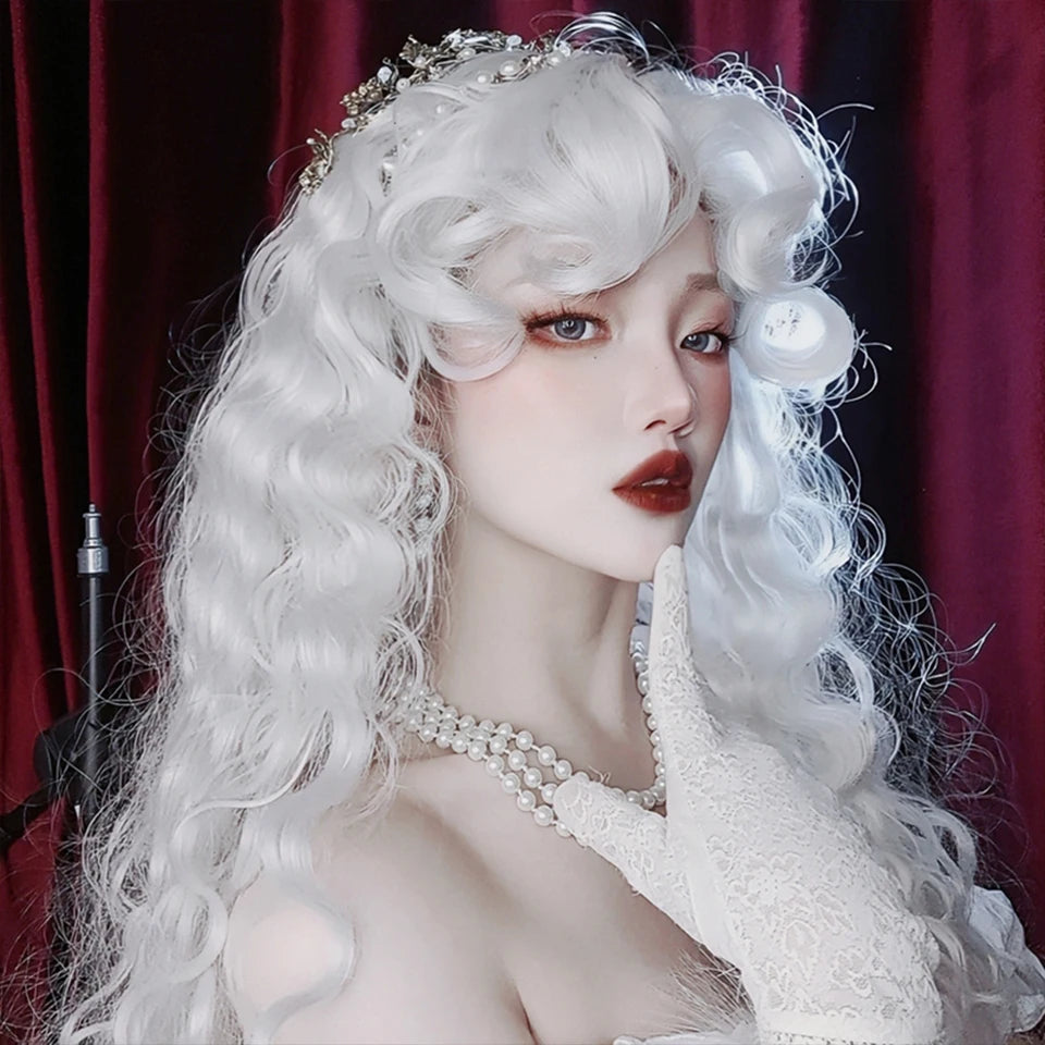 Long Curly Wave Wig with Bangs White Colorful Cosplay Silky Wig for Women Daily Party Natural Soft Synthetic Hair Heat Resistant